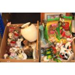 Two boxes of figurines, soft toys, oil painting,