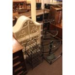 Arched top wrought metal cabinet, wine rack, three tier corner stand,