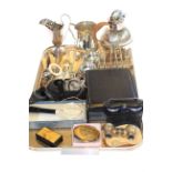 Collection of silver plate, opera glasses, compact, snuff box etc.