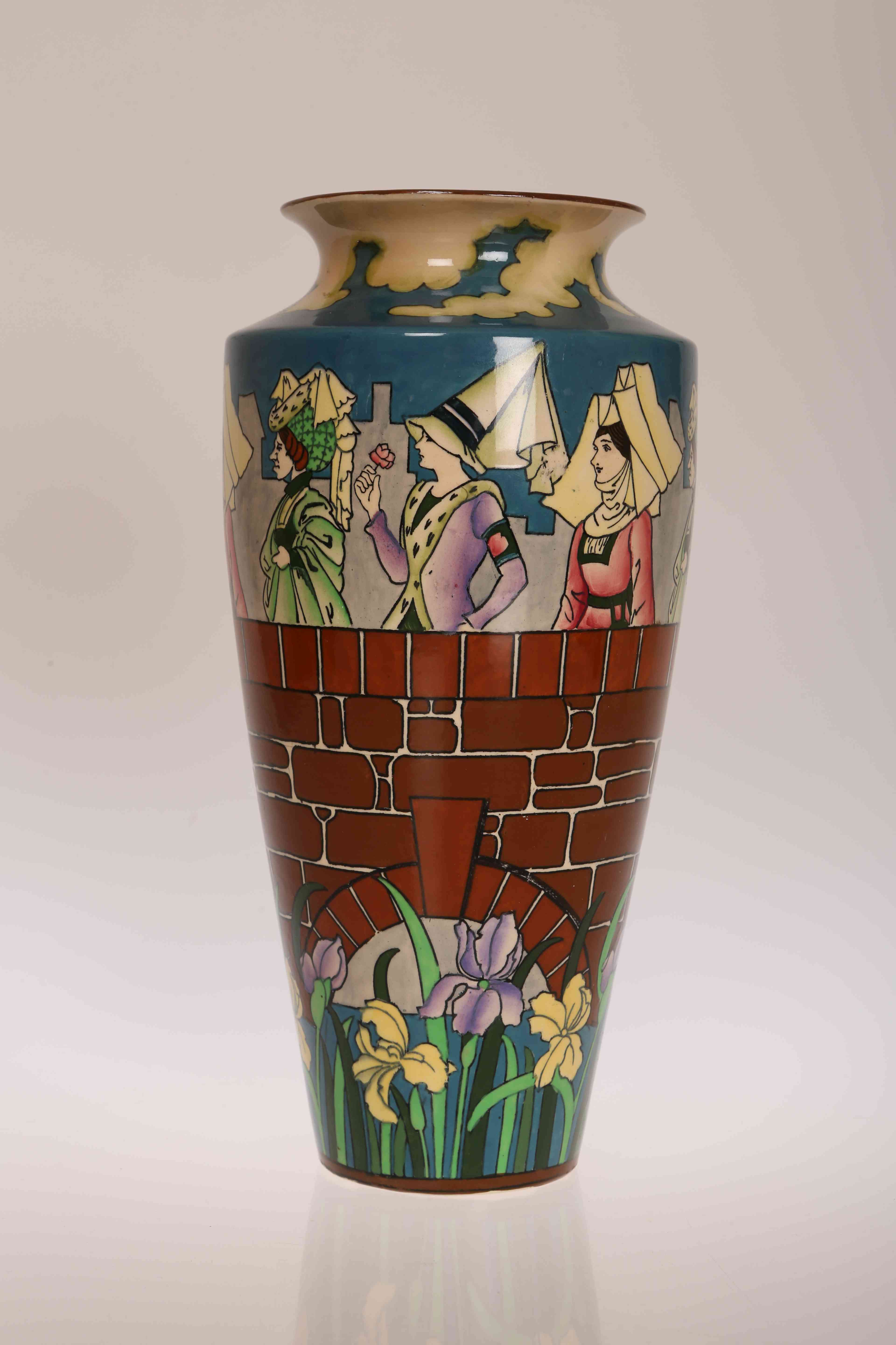 A FOLEY INTARSIO VASE, decorated with Medieval ladies on a bridge with irises below,