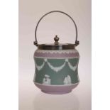 A WEDGWOOD THREE COLOUR JASPER DIP BISCUIT BARREL, early 20th Century,
