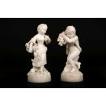 A PAIR OF PARIAN FIGURES OF A GIRL WITH A BASKET AND A BOY CARRYING WOOD, on circular bases.