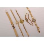 A COLLECTION OF FIVE GOLD LADY'S WRISTWATCHES, comprising a 9 carat gold Omega,