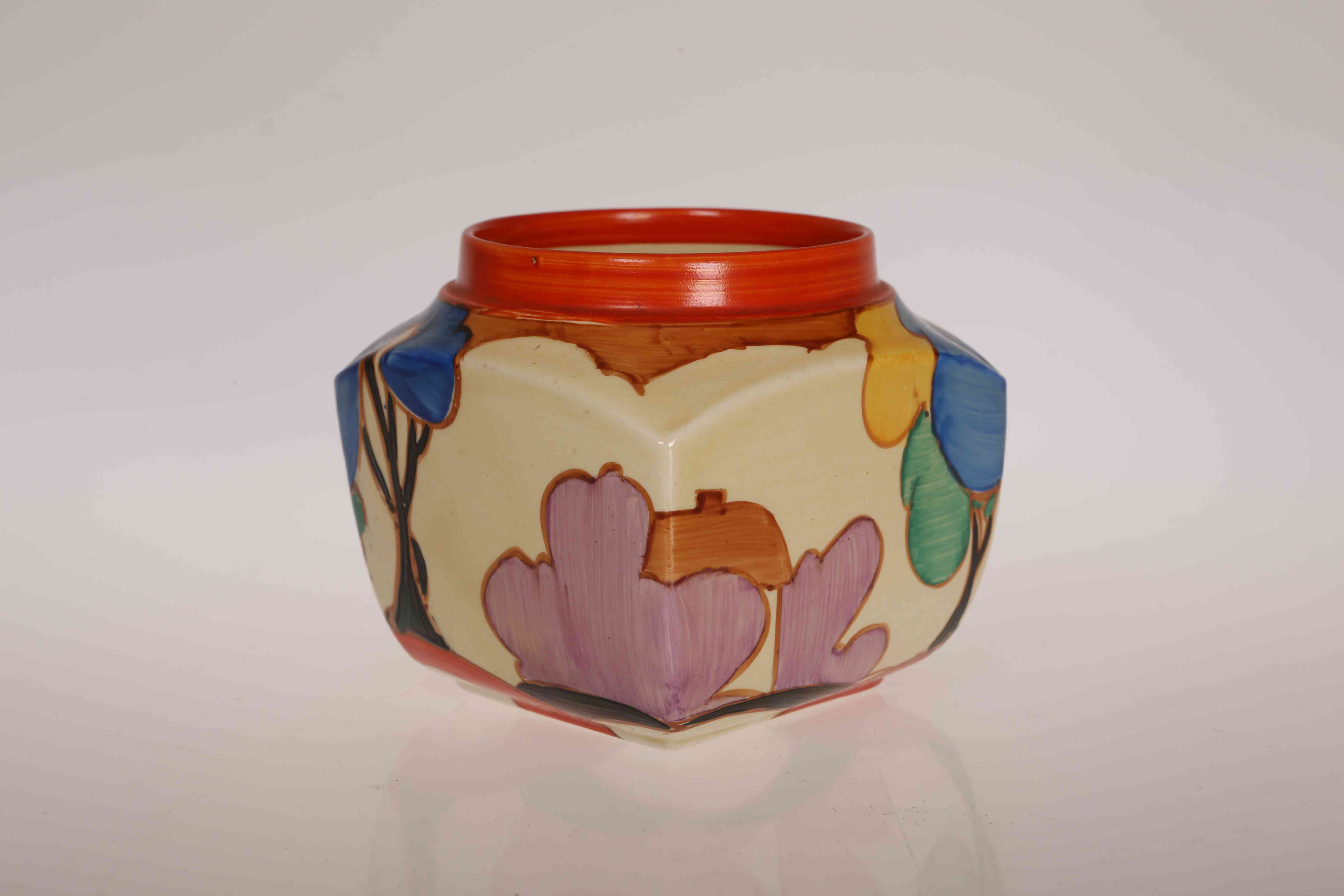 A CLARICE CLIFF "BLUE AUTUMN" PRESERVE POT, of squat square shape,