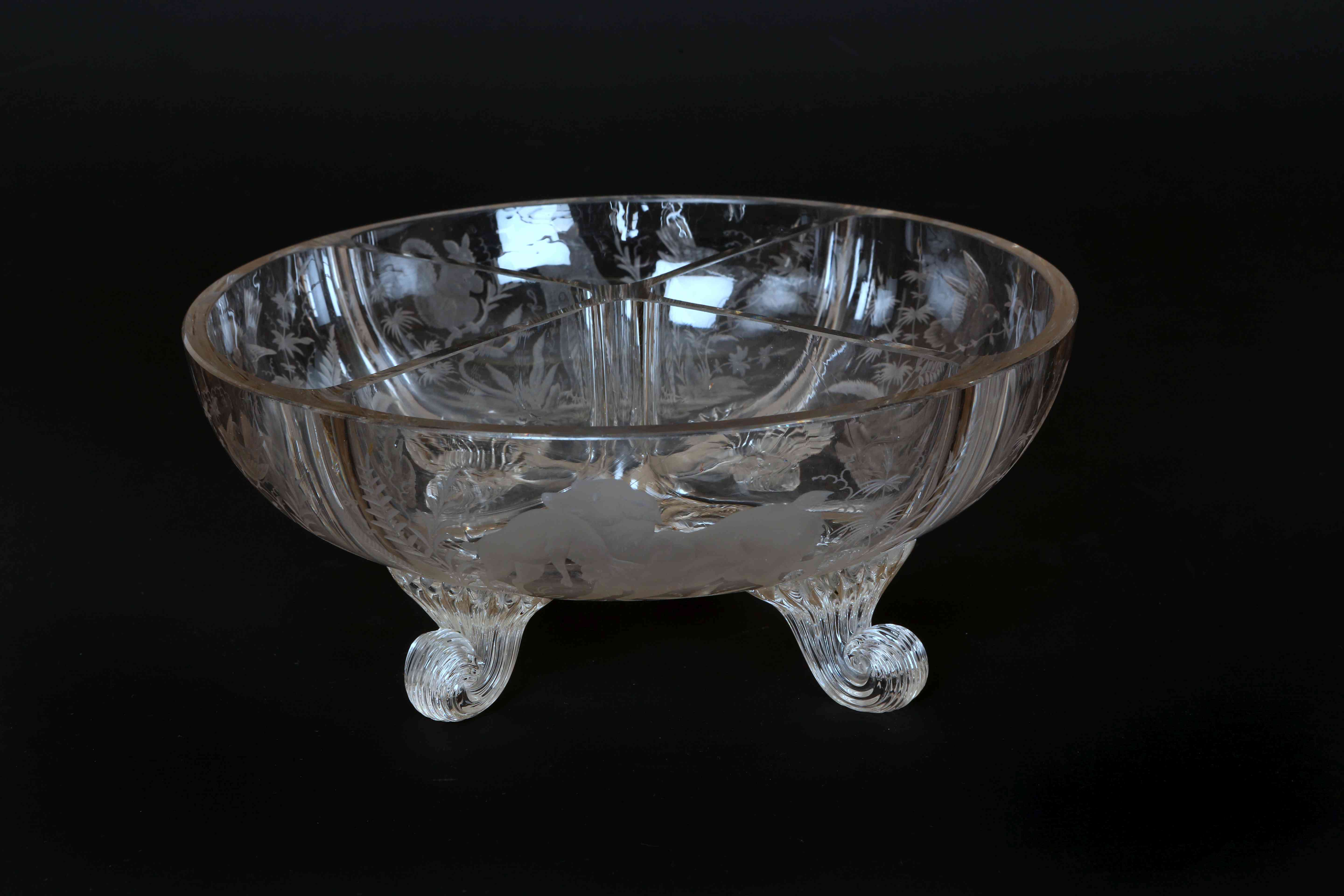 A BOHEMIAN 19TH CENTURY ETCHED GLASS BOWL, with four compartments, engraved with a retriever, swan, - Image 2 of 2