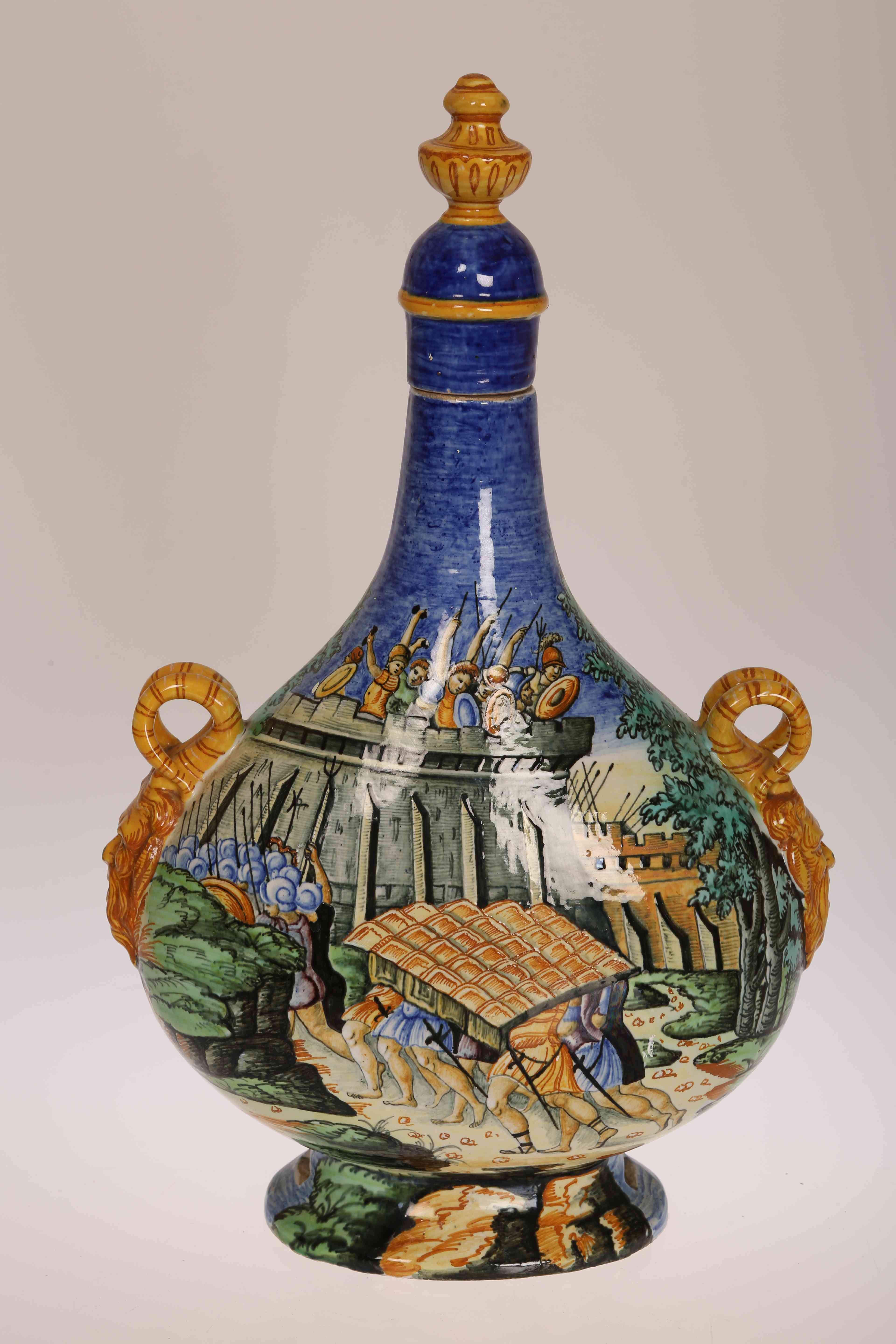 AN ITALIAN MAIOLICA TWO HANDLED FLASK, IN 17TH CENTURY STYLE, late 19th or early 20th Century,