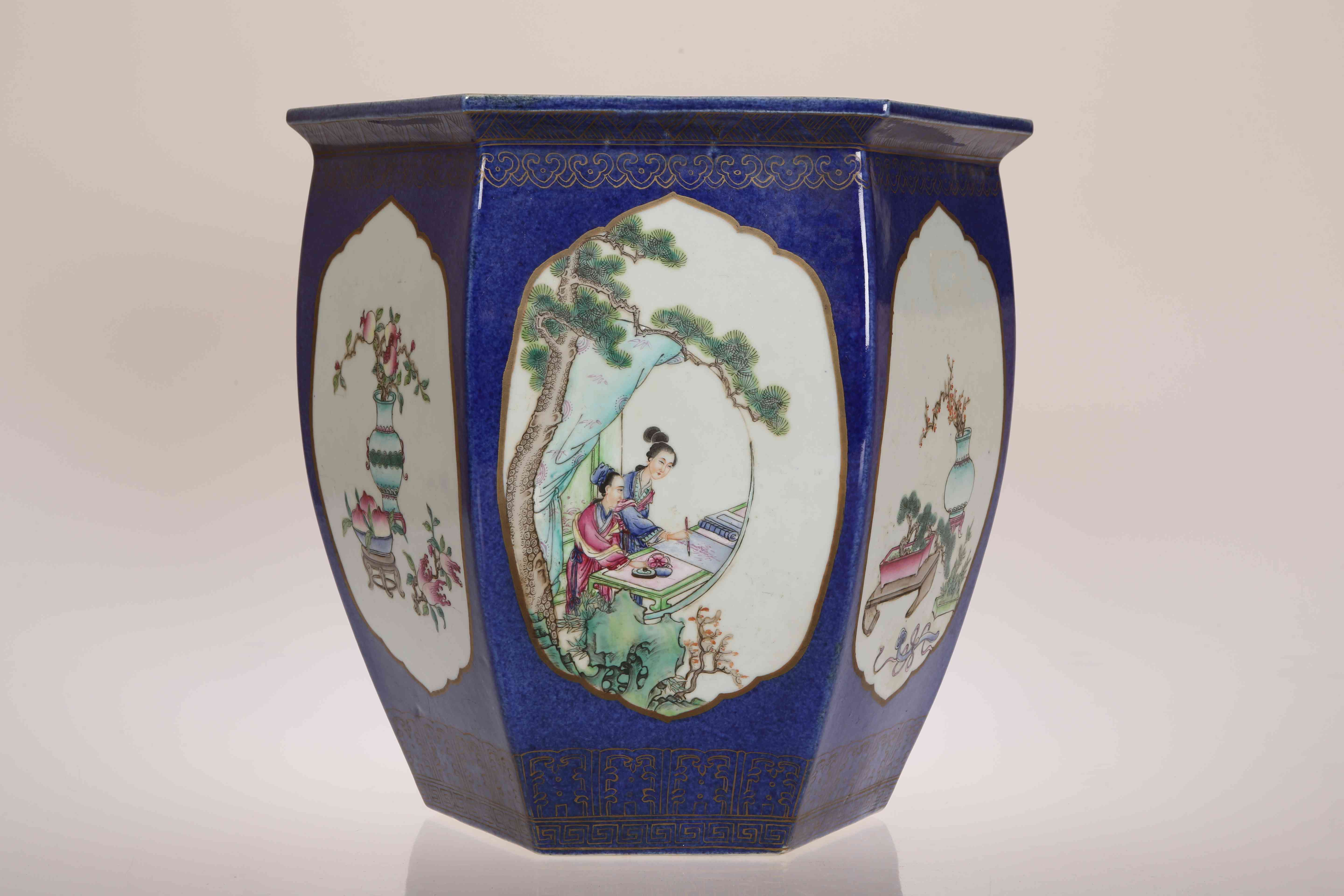 A CHINESE PORCELAIN JARDINIERE, of tapering hexagonal form,