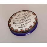 TWO 18TH CENTURY ENAMEL PATCH BOXES, each oval, the first inscribed A Present from Shrewsbury,