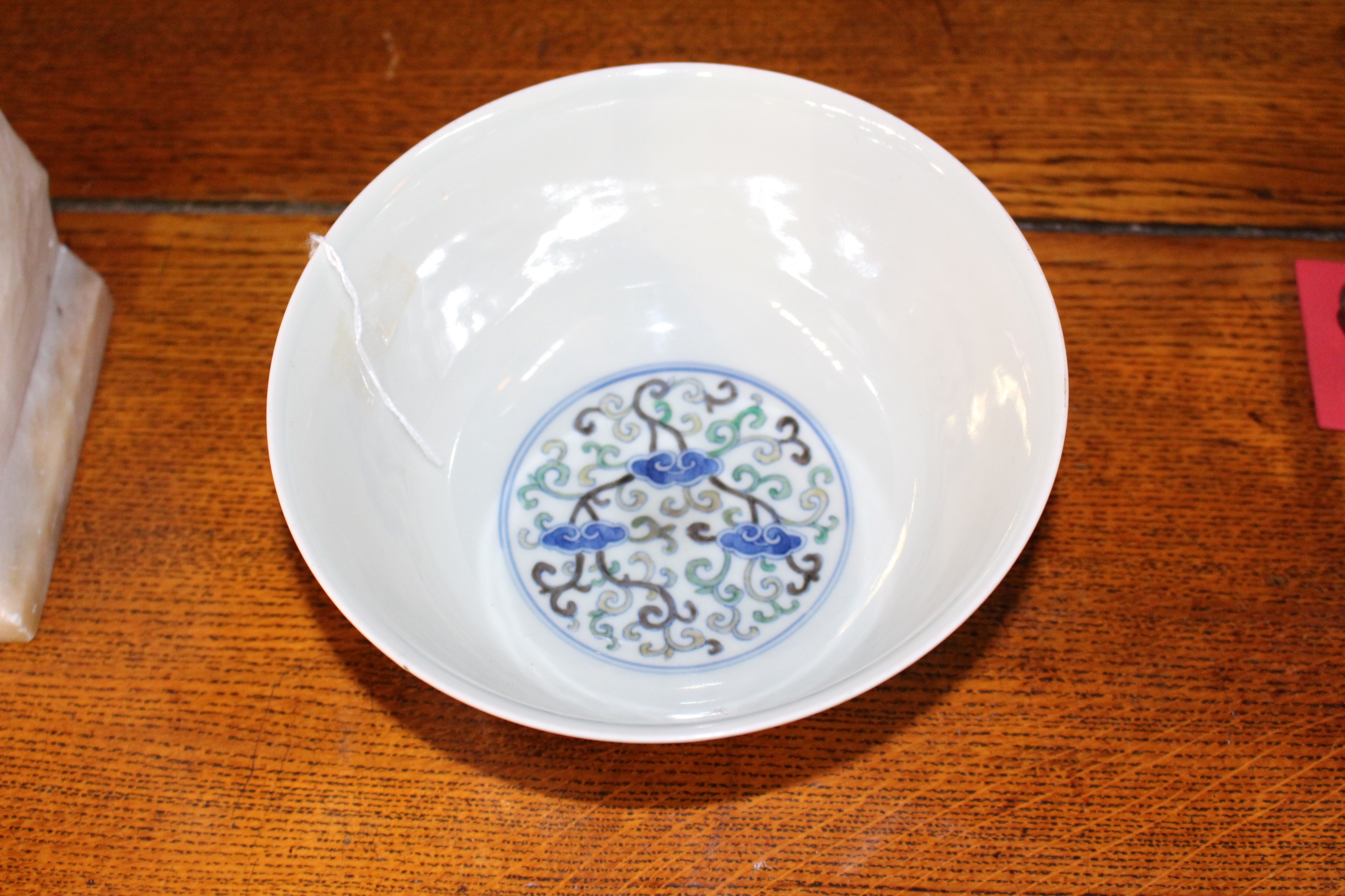 A CHINESE DOUCAI BOWL, circular, enamel painted, blue painted mark. 8.5cm by 17. - Image 4 of 7