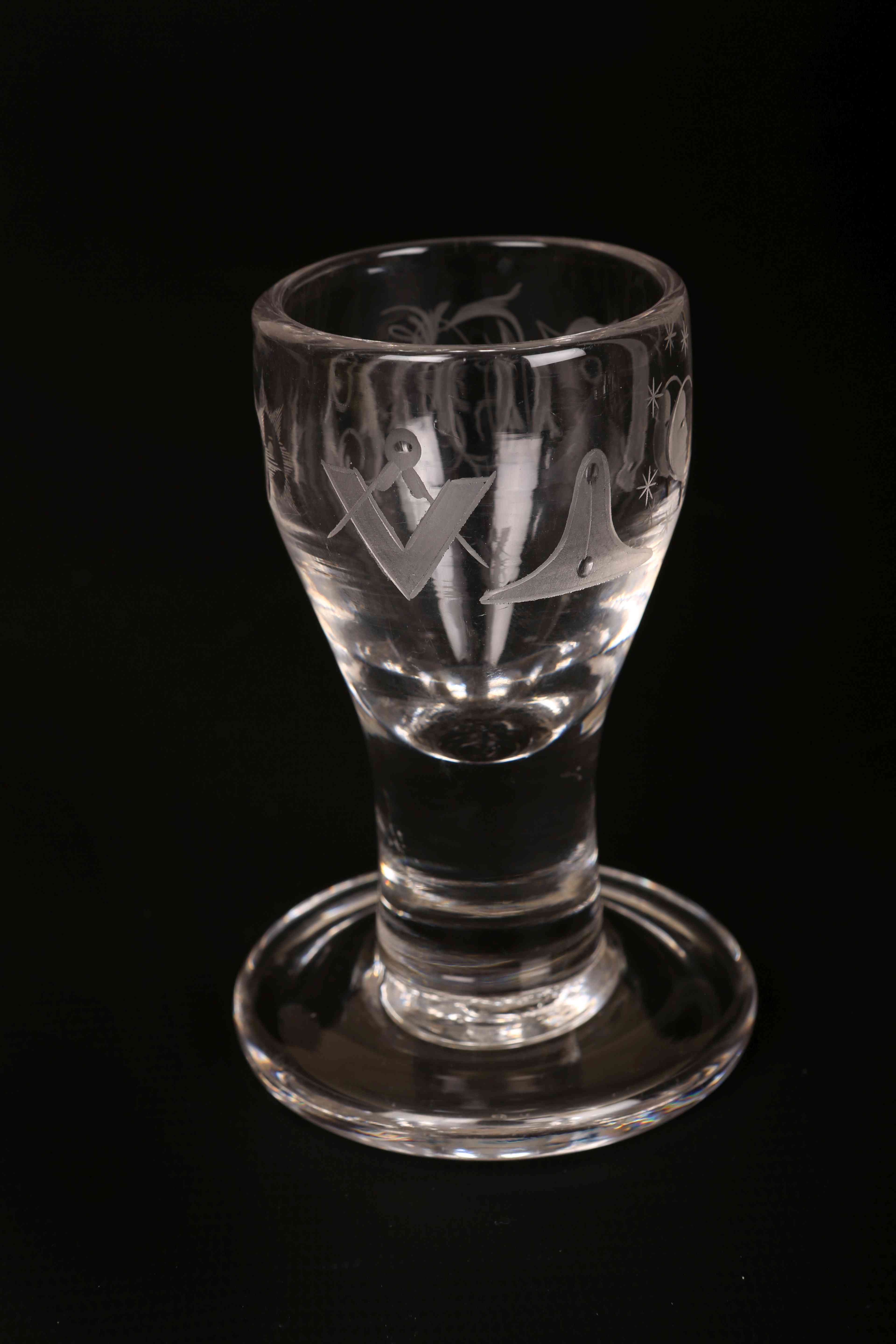 A MASONIC FIRING GLASS, 19TH CENTURY, engraved with emblems and a monogram,