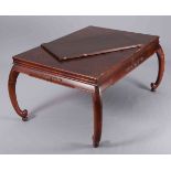 A CHINESE REDWOOD EXTENDING DINING TABLE AND TWELVE CHAIRS,