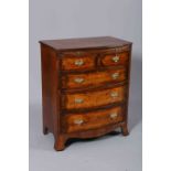 A GEORGIAN STYLE BURR WALNUT BOW FRONTED CHEST OF DRAWERS,