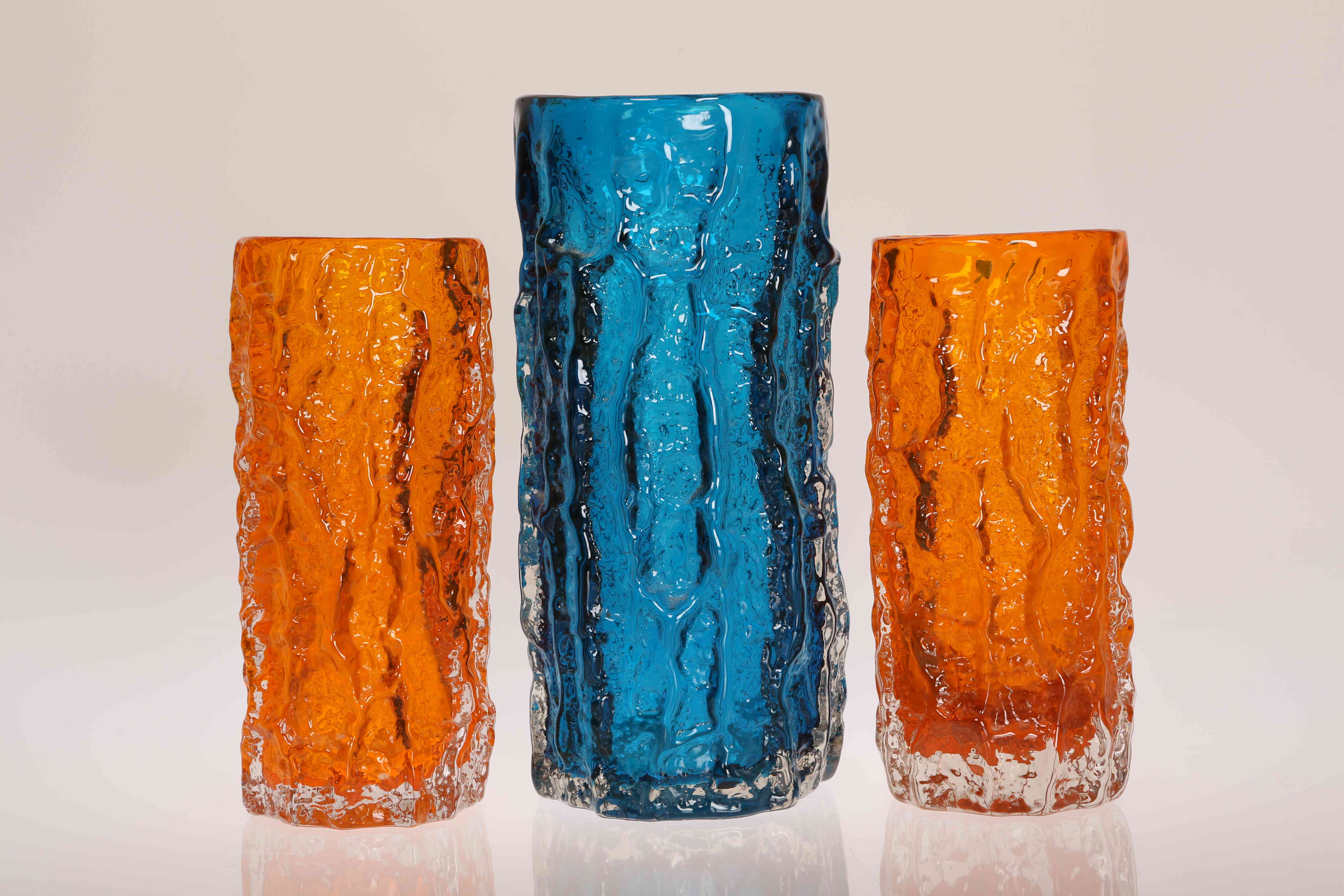 THREE WHITEFRIARS GLASS BARK VASES, DESIGNED BY GEOFFREY BAXTER,