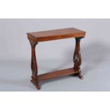 A 19TH CENTURY BURR WALNUT OCCASIONAL TABLE, with moulded edge and lyre ends with shelf stretcher.