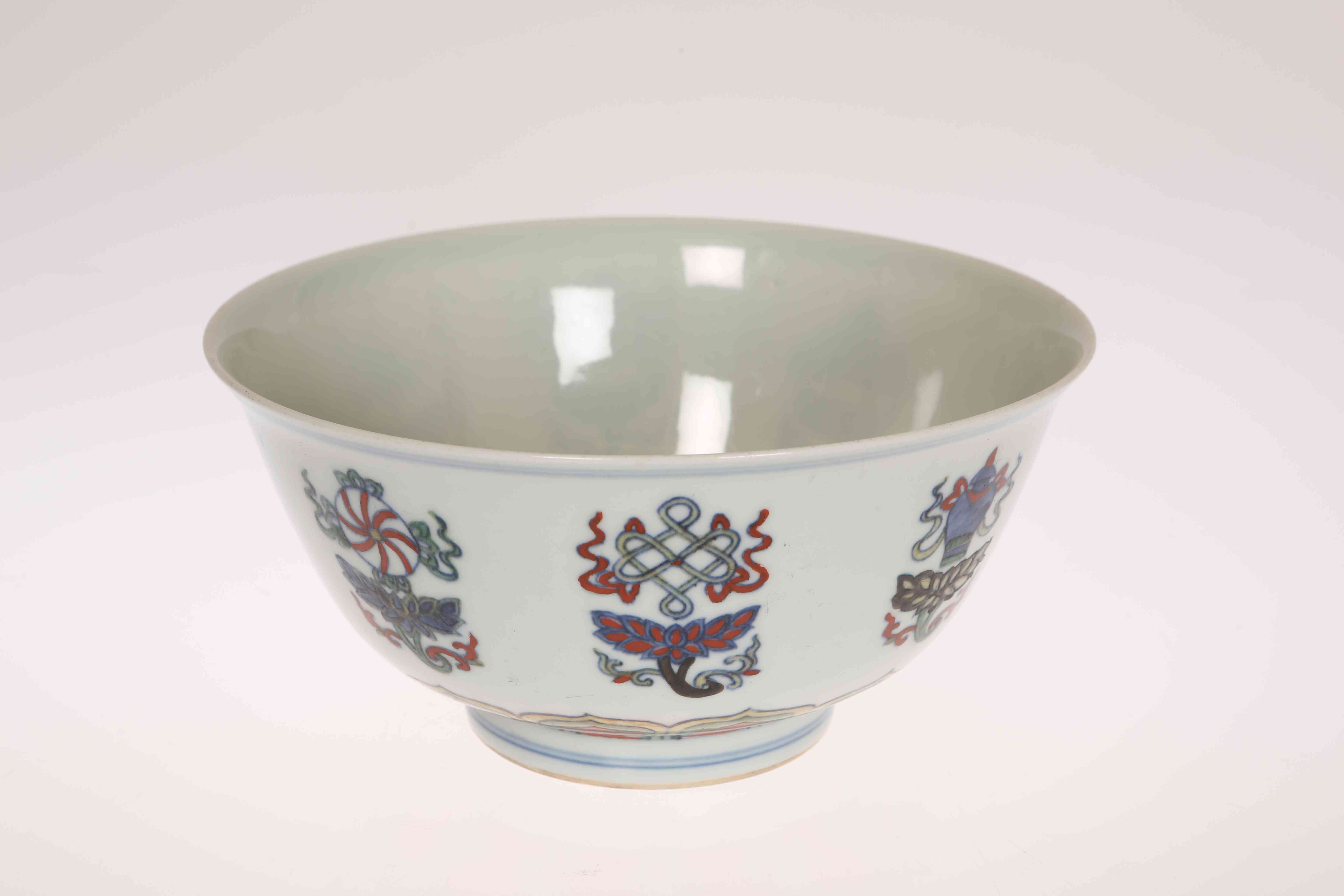 A CHINESE DOUCAI BOWL, circular, enamel painted, blue painted mark. 8.5cm by 17.