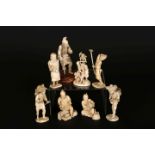 EIGHT 19TH CENTURY SECTIONAL IVORY FIGURES, various carvers, some signed, (a/f).