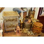 Collection of brass and copper, sewing box, walking sticks,