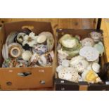 Two boxes of ceramics including Royal Doulton figure, Hummel figures, vintage tea ware,