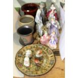 Six Royal Doulton figurines, two Lladro figures, three planters, Beswick and other bird,