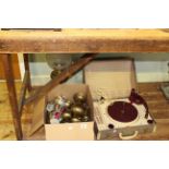 Vintage Regentone portable record table, brass oil lamp and brassware,