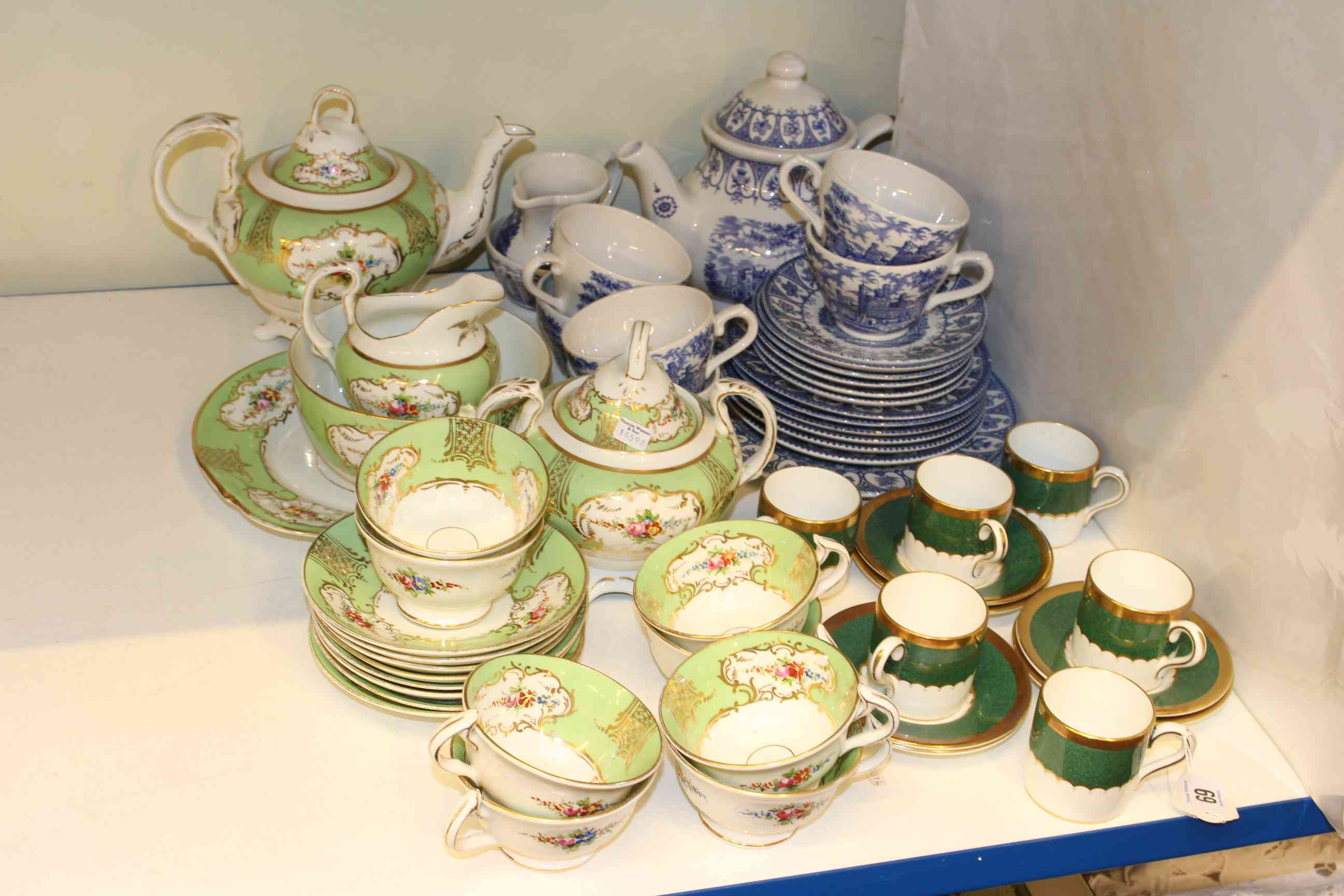 Coalport Connaught cups and saucers, blue and white china, Rockingham style tea service,