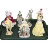 Royal Worcester figure 'Grandmother's Dress'; Dresden figure group, pair of Sitzendorf figures,