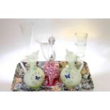 Nailsea type 'bell', cornucopia vase, pair of painted satin glass jugs,