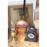 Victorian polished slate and marble mantel clock, brass oil lamp,