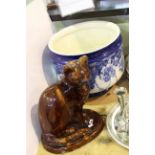 Canney Hill Pottery (Bishop Auckland) model of a cat and a Royal Doulton jardiniere (a/f)