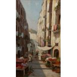 ITALIAN SCHOOL, STREET SCENE WITH FLOWER MARKET, signed lower right G Rowizia?, oil on canvas,