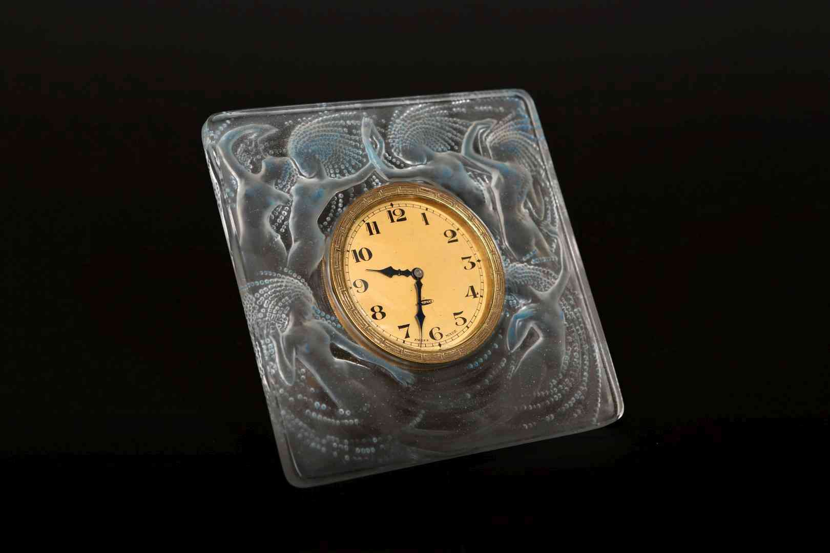 A LALIQUE GLASS "NAIADES" CLOCK, engraved R. Lalique France.