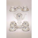 A SHELLEY "BLUE IRIS" PATTERN COFFEE SERVICE, comprising coffee pot, cream jug, sugar bowl,