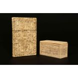 A CANTONESE 19TH CENTURY IVORY CARD CASE, rectangular, densely carved with figures and pavilions,