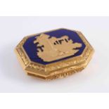 A GOLD AND BLUE ENAMEL PILL BOX, octagonal form,