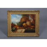 19TH CENTURY SCHOOL, STILL LIFE OF FRUIT AND A TANKARD ON A TABLE, oil on canvas, framed.