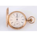 AN AMERICAN 14 CARAT GOLD HUNTER POCKET WATCH, the white enamel dial signed J.