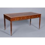 A REGENCY STYLE SATINWOOD AND MAHOGANY LIBRARY TABLE,