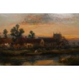 WILLIAM LANGLEY (1852-1922), FIGURE IN A BOAT MOORED BY A CHURCH AT SUNSET,