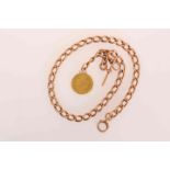 A VICTORIAN 9 CARAT ROSE GOLD CHAIN, with curb links, suspending a George III gold spade guinea,