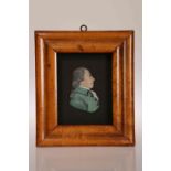 AN EARLY 19TH CENTURY WAX PORTRAIT OF JOHN HOWE, bust length, in a maple frame. Frame 18.