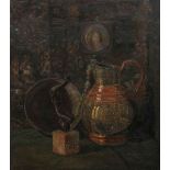 MARY GWENLLIAN GIBSON (1911-1966), STILL LIFE OF A BRONZE, JUG, NECKLACE AND PORTRAIT MINIATURE,