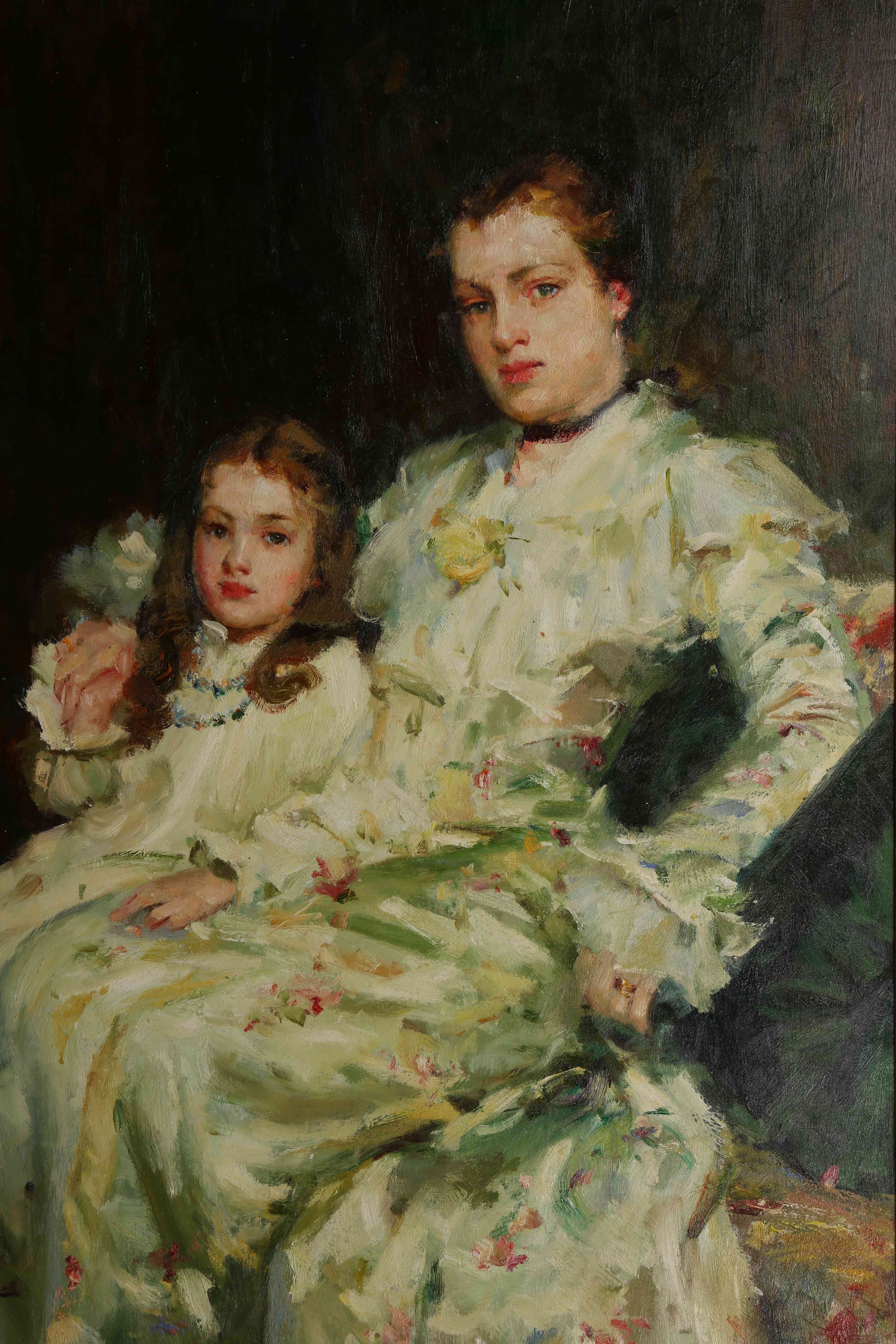 20TH CENTURY SCHOOL, FULL LENGTH PORTRAIT OF A MOTHER AND CHILD, indistinctly signed lower left,