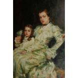 20TH CENTURY SCHOOL, FULL LENGTH PORTRAIT OF A MOTHER AND CHILD, indistinctly signed lower left,