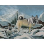 RAN FAUX (CONTEMPORARY), HUSKY DOGS IN A SNOWY MOUNTAIN SETTING, signed Ran Faux MA, 1998,