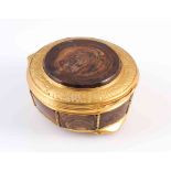 A 19TH CENTURY AGATE AND YELLOW METAL MOUNTED BOX, of circular form.