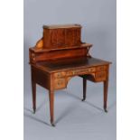 A LATE VICTORIAN LEATHER INSET AND INLAID MAHOGANY WRITING DESK,
