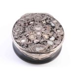 A 19TH CENTURY CONTINENTAL TORTOISESHELL AND WHITE METAL BOX, of circular form,