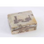 A MOTHER OF PEARL AND WHITE METAL MOUNTED PILL BOX,