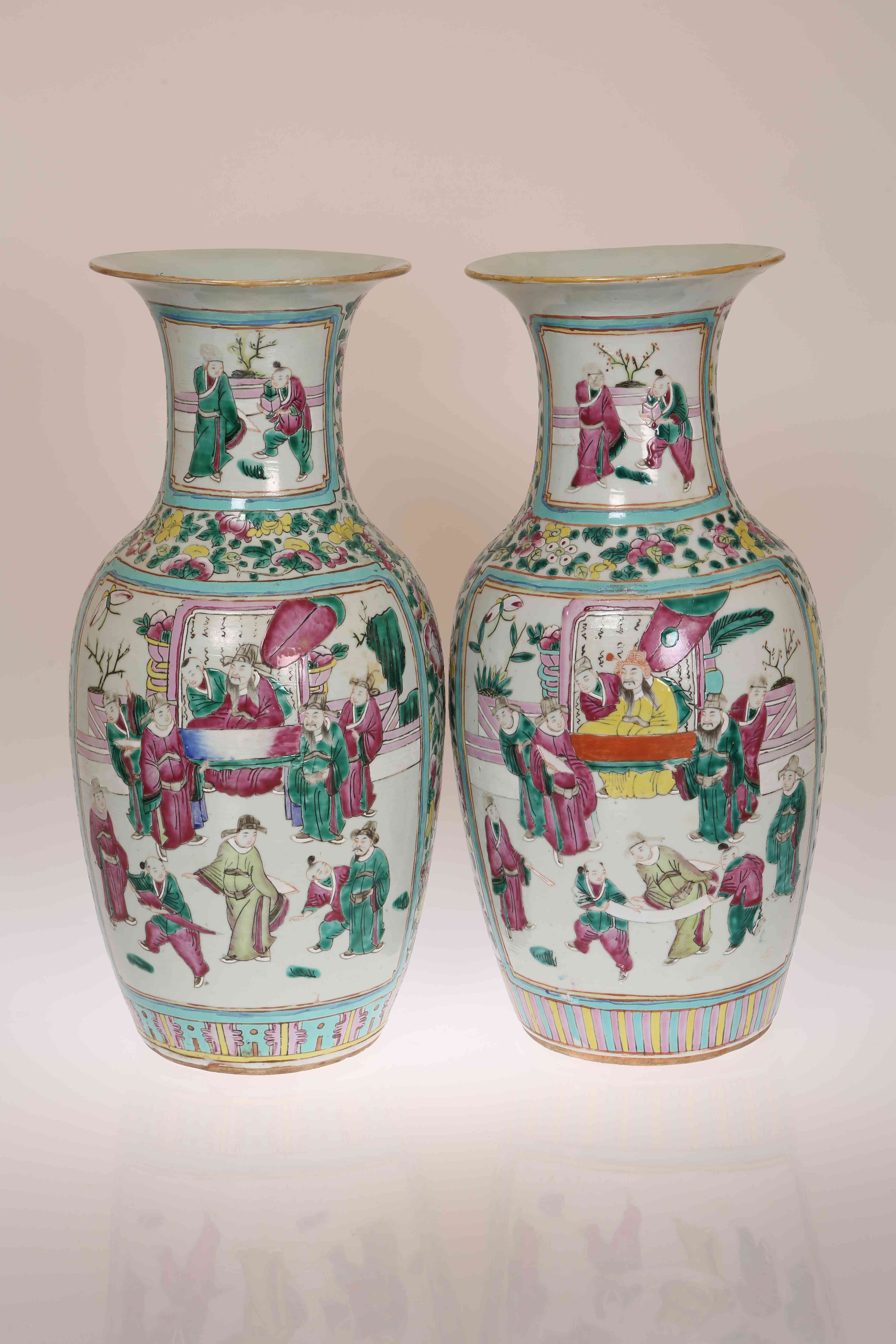 A LARGE PAIR OF CANTONESE ENAMEL DECORATED VASES, probably 19th Century,