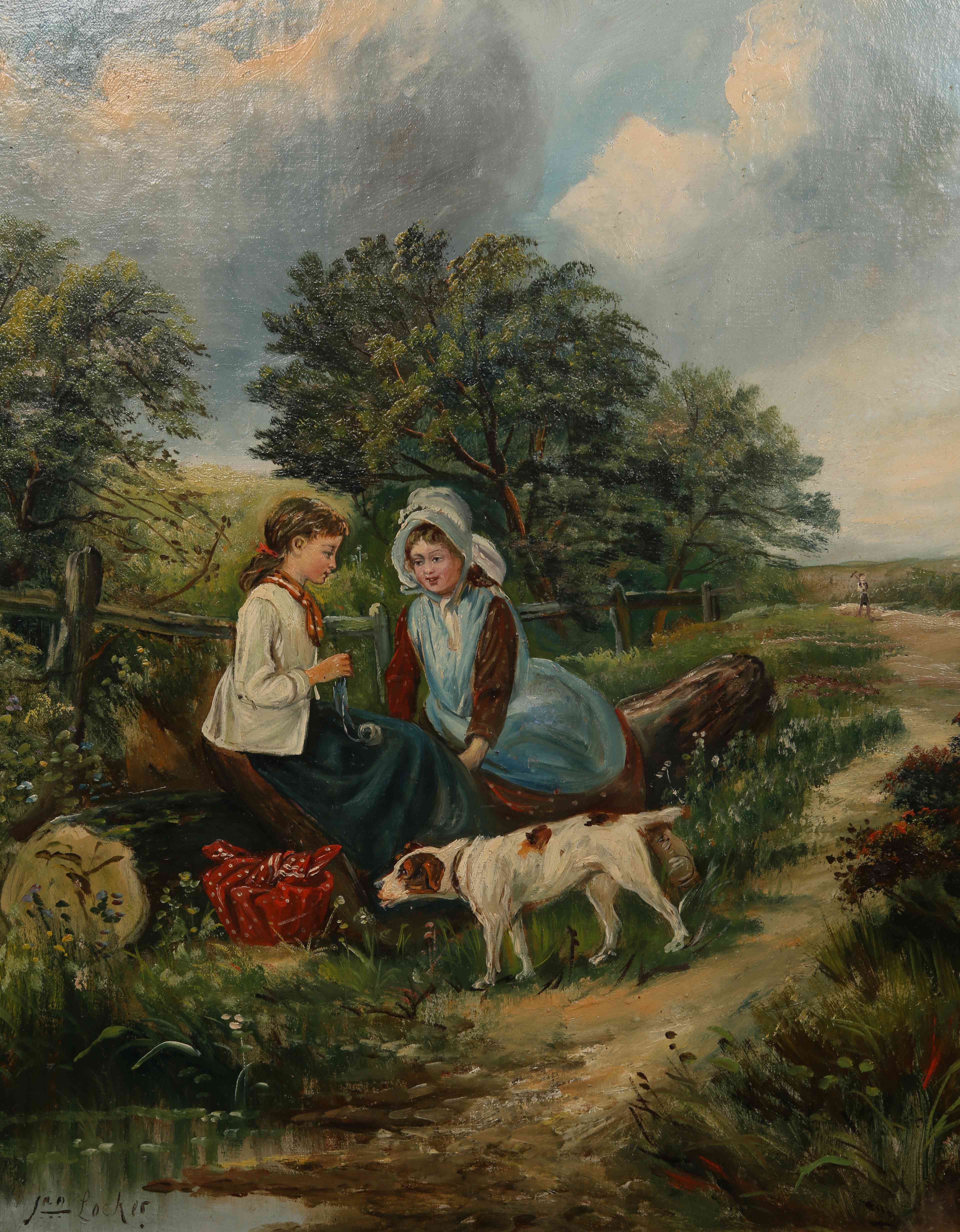 LOCKER, TWO GIRLS WITH A SPANIEL IN LANDSCAPE, signed, oil on panel, framed.